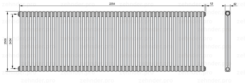 Схема (чертеж) Радиатор Zehnder Charleston 2250/49 №1270 Белый глянцевый RAL 9016